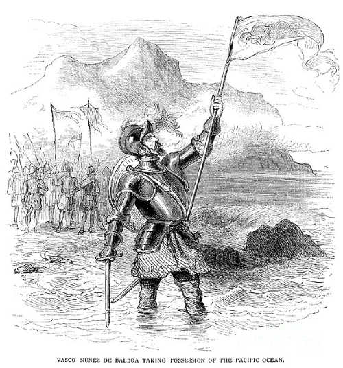Vasco Nuñez de Balboa taking possession of the Pacific Ocean